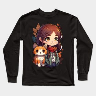 Cat & Girl Kawaii Anime Retro Fall Cat Lover Long Sleeve T-Shirt